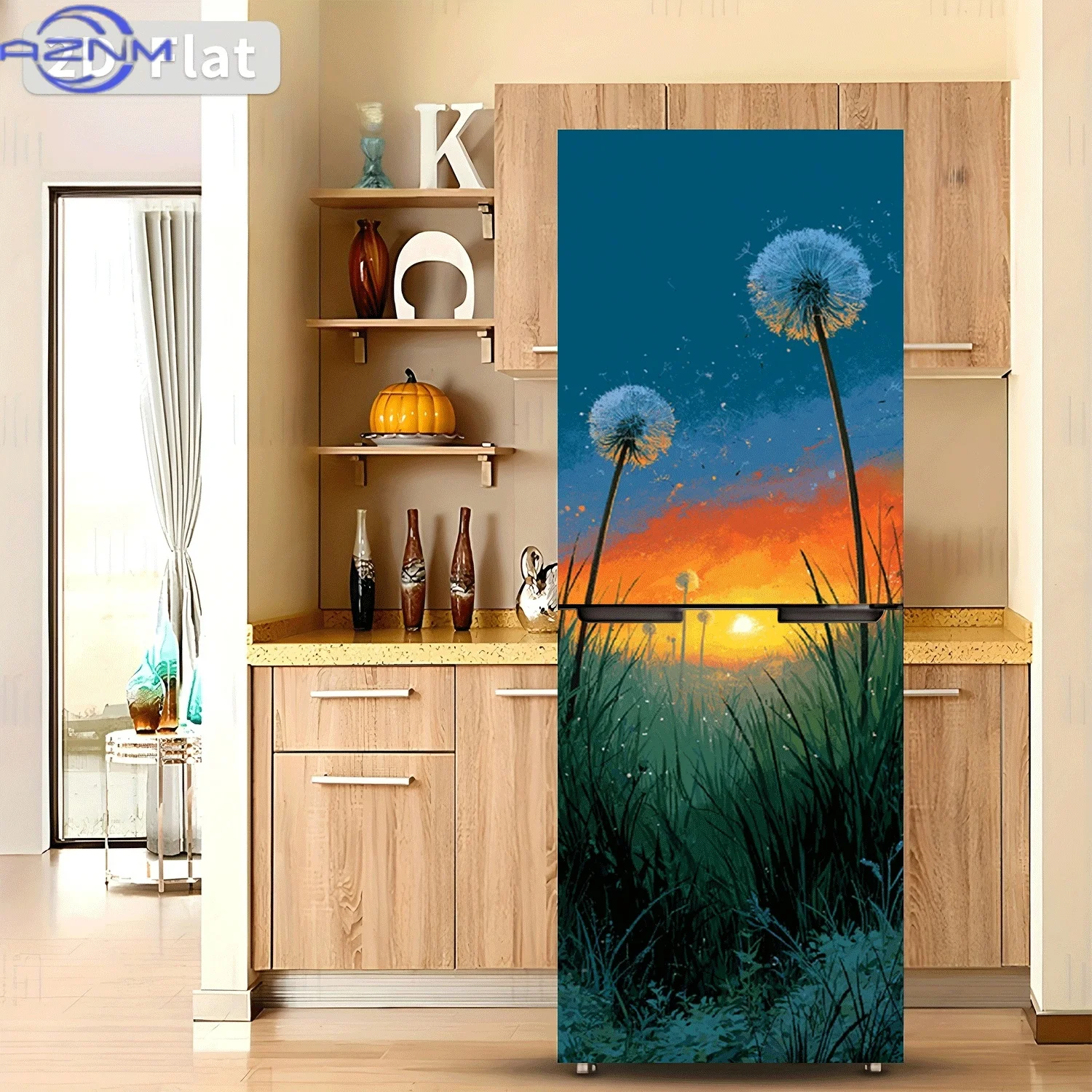 2D Flat Printing 1pc Refrigerator Sticker , Twilight Field Dandelion Flight Themed Design, Self-Adhesive Wall Decal Wallpaper,