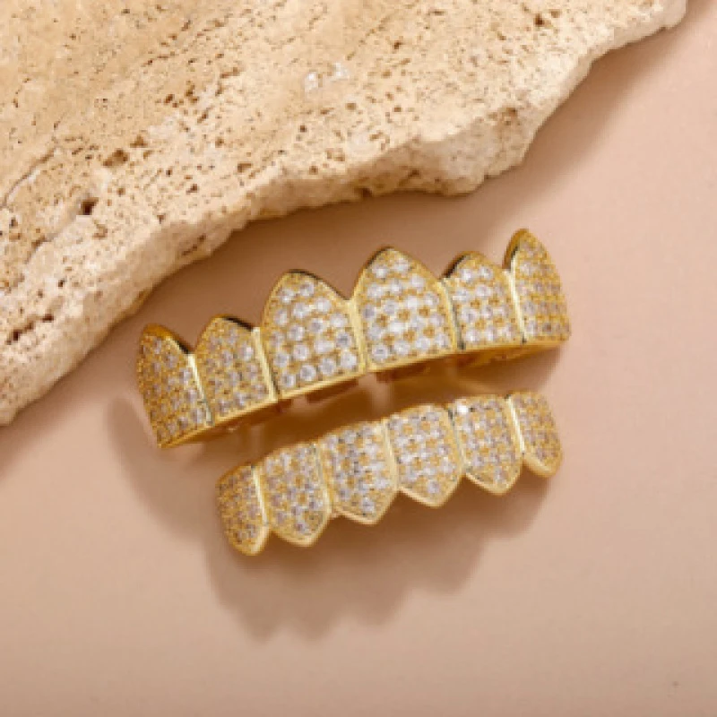 New High-End Luxury Men HipHop CZ Teeth Set For Unisex Blue Zircon Top Bottom Mouth Gold Silver Teeth Cap Removable Gift Women