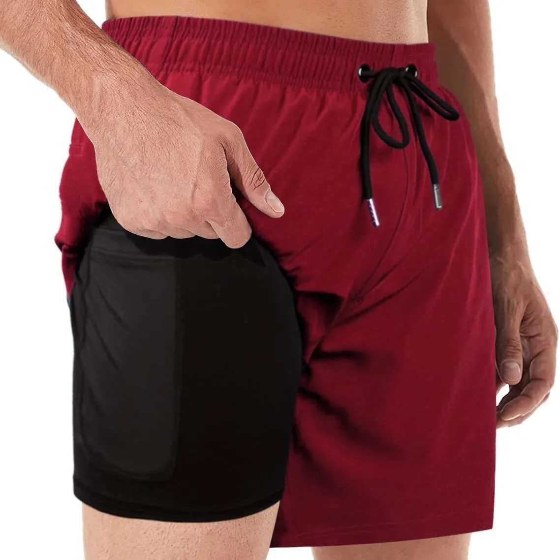Men's Two-in-One Swimming Trunks with Compression Inner And Casual Fitness Beach Shorts with Pockets Five-Quarter Length