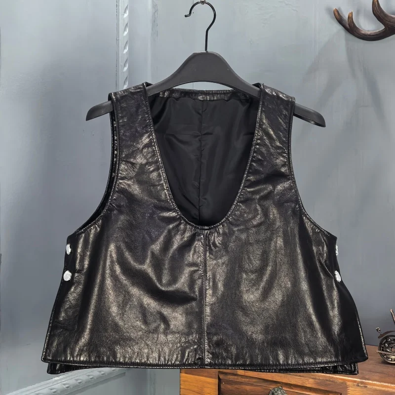 

2026 New Women's Leather Vest U-Ne ort Faionable oulder Pad Multilayering Versatile Vest Casual Sle Ox Fabric