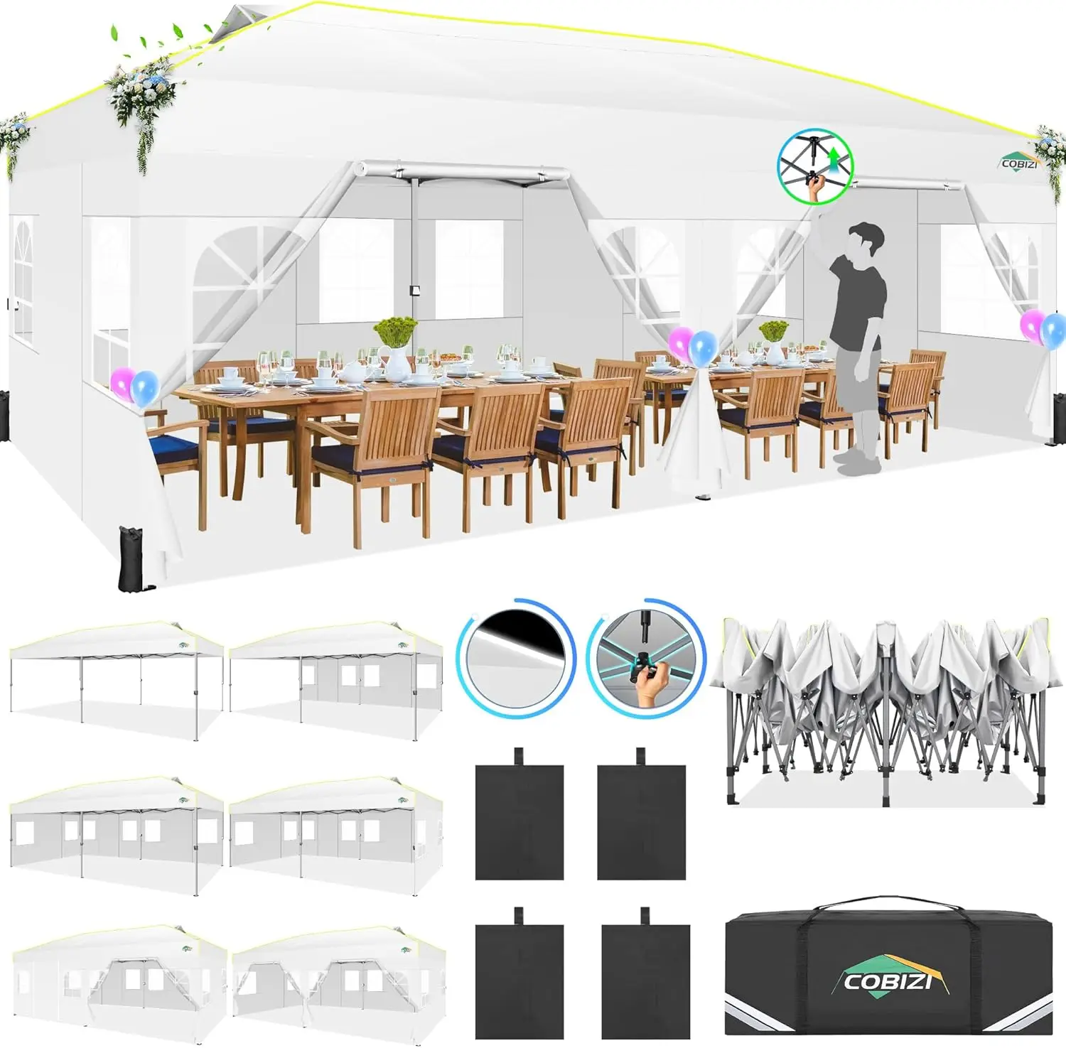 Outdoor Event Shelter - White Waterproof UPF 50+ Gazebo for Wedding, Commercial, Party with One Push Setup and Air Vent