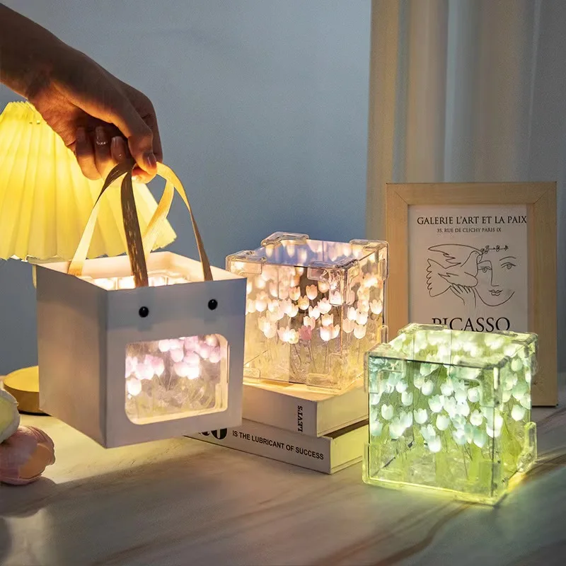 Creative DIY ดอกทิวลิปดอกไม้ Sea Cube สามมิติโคมไฟกลางคืนขนาดเล็กวัสดุสําหรับแฟนคู่อุปกรณ์เทศกาล