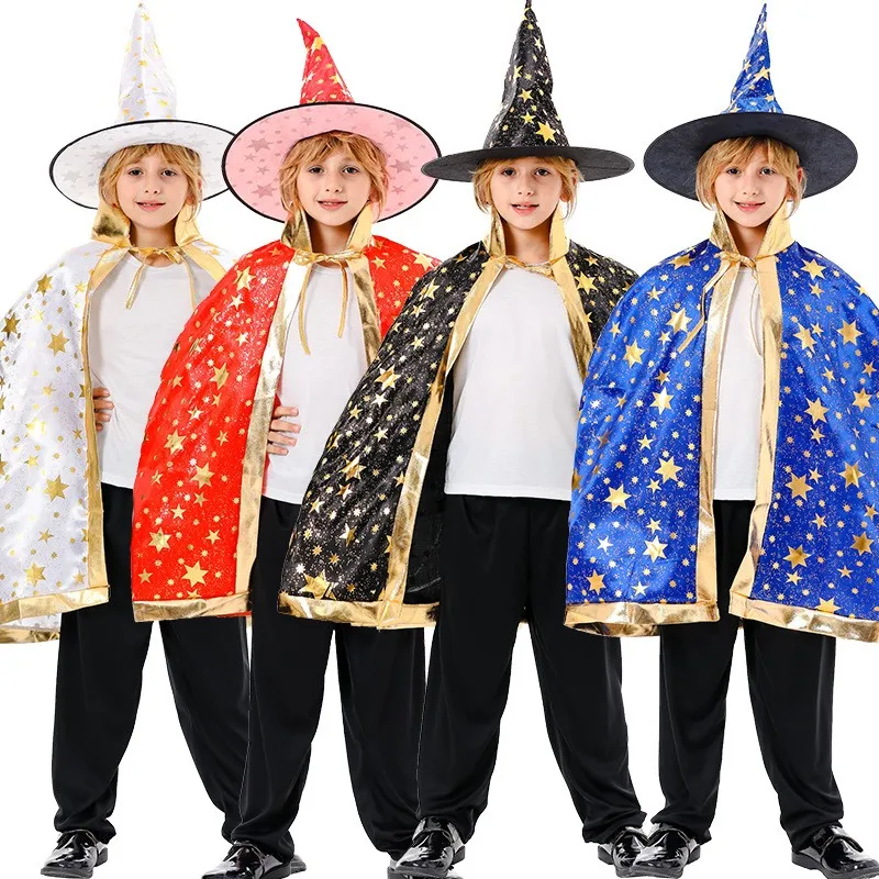 

Halloween Children's Robe Cosplay Magic Wizard Cloak Witch Stage Performance Costume Five-pointed Star Polyester Fiber 100%