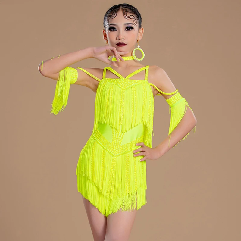 Fluorescent Yellow Latin Dress Girls Summer Fringe Dancing Dress Kids Professional Competition Costume Samba ChaCha Clothes 2646