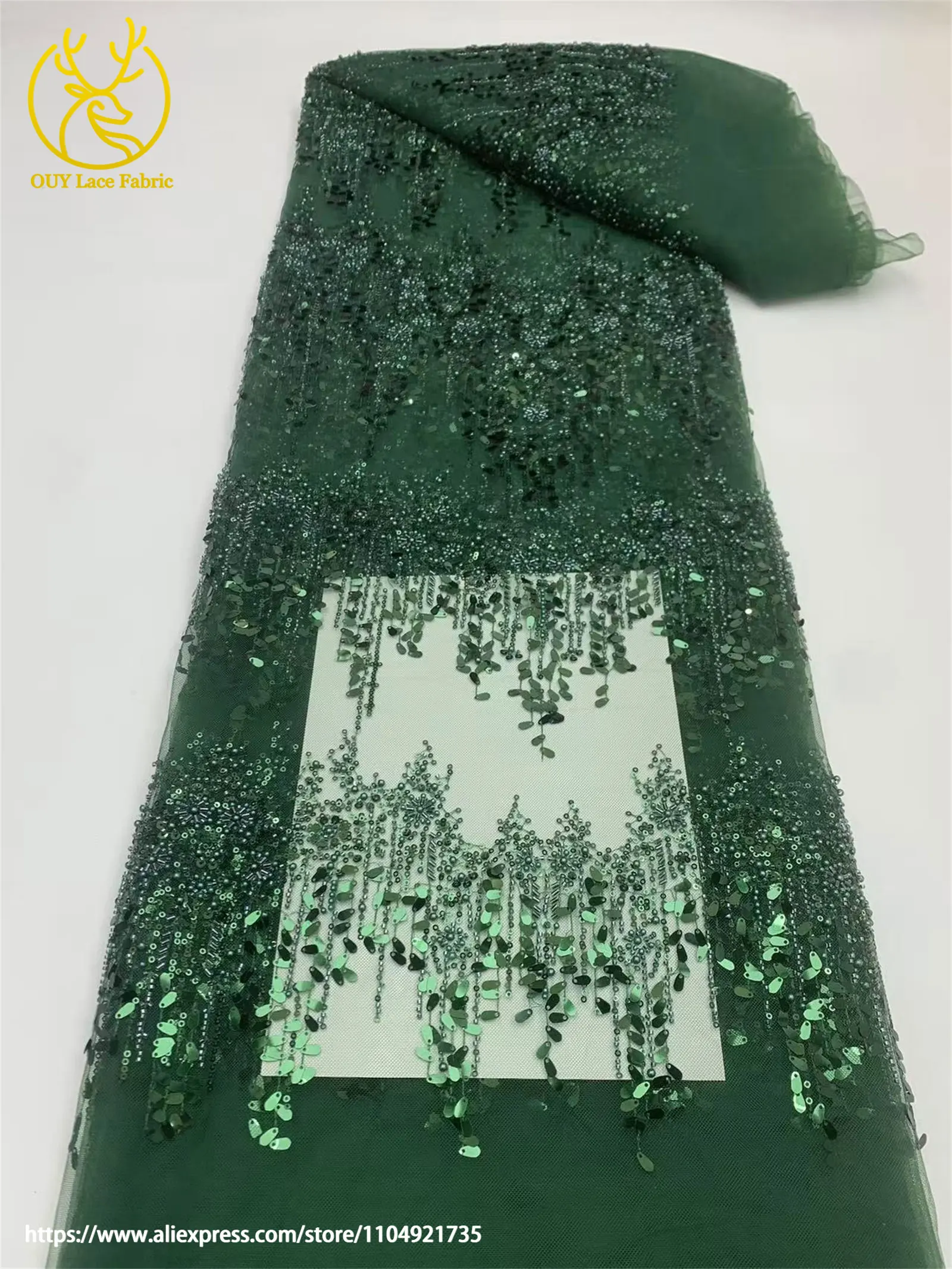 Afrikanischer Spitzenstoff 2026 Gold Pailletten Perlenstickerei Bräutigam Nigerianische Braut Hochwertiger französischer Tüllspitze Hochzeitskleidstoff – Detail 8