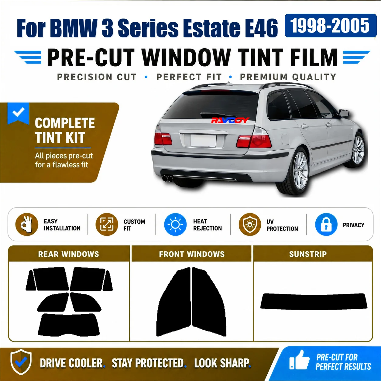 For BMW 3 Series Estate E46 1998-2005 DIY Complete Window Window Tint Film Removable Reusable Film