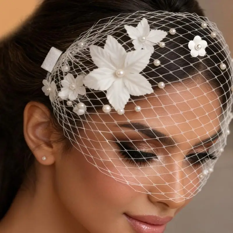 

Изысканная женская полупокрытая сетчатая вуаль в стиле ретро с 3D цветами и жемчужной сеткой, аксессуары для волос на свадьбу,