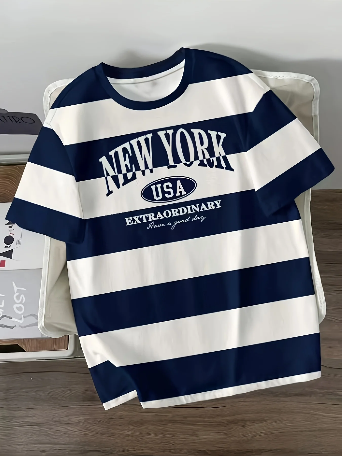 Men Mesh Sports T‑Shirt Navy White Wide Stripe New York Letter Print O‑Neck Short Sleeve Summer Oversized Casual Top