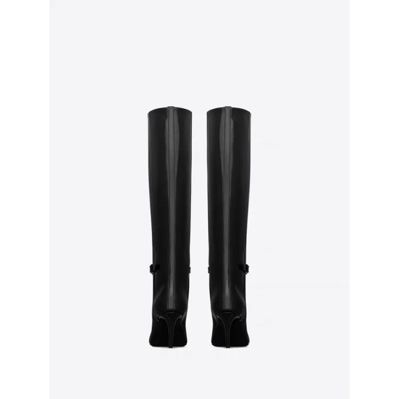 Sexy Pointed Thin High Heels Knee High Boots 2024 Spring New Belt Buckle Metal Decoration Black Banquet Festival High Boots