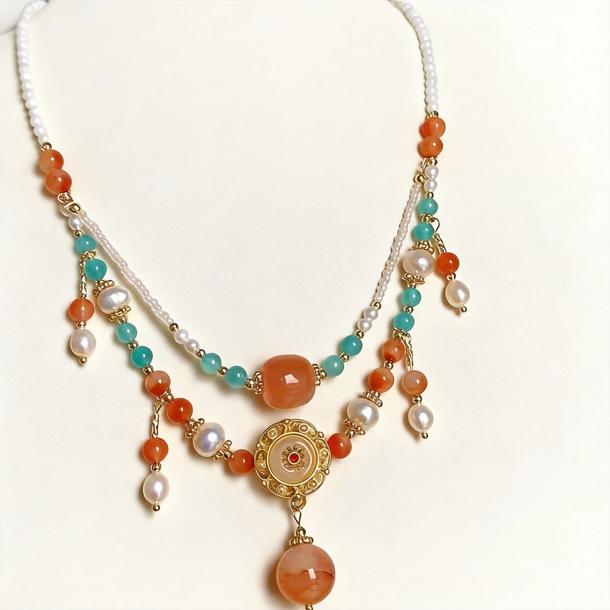 Chinese Style Handmade Double Layer Color Block Beaded Necklace Women Vintage Elegant Clavicle Chain Luxury All Match Choker For