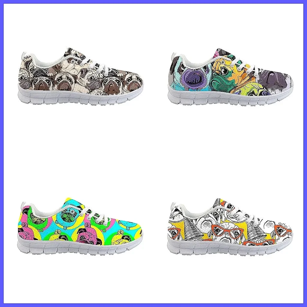 Women's Casual Sneakers Low Top Lace Up Breathable Walking Shoes Fashion Pug Print (Character Count: 73)