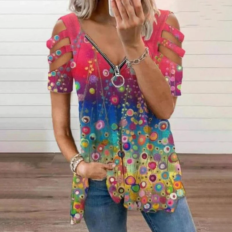 Camiseta de gran tamaño con estampado Floral para mujer, Top informal elegante con cremallera y cuello en V, ropa Sexy de talla grande para mujer 2022