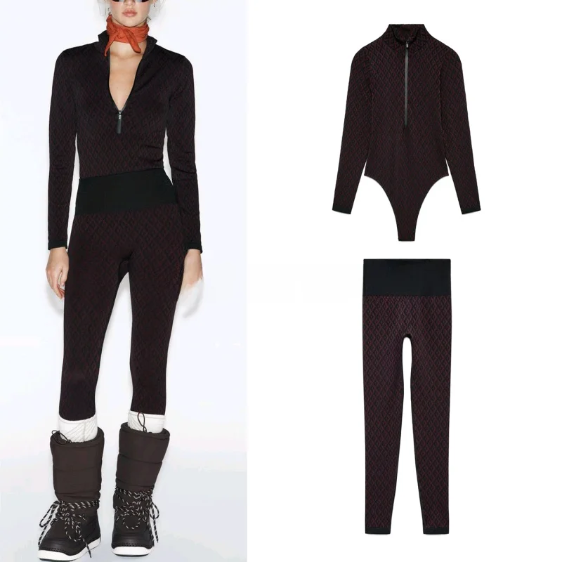 

Winter Ski Suit Base Layer Set Long Sve Printed Overalls High Waist Base Pants Faionable Women's Two-Piece Suit Neutral ...