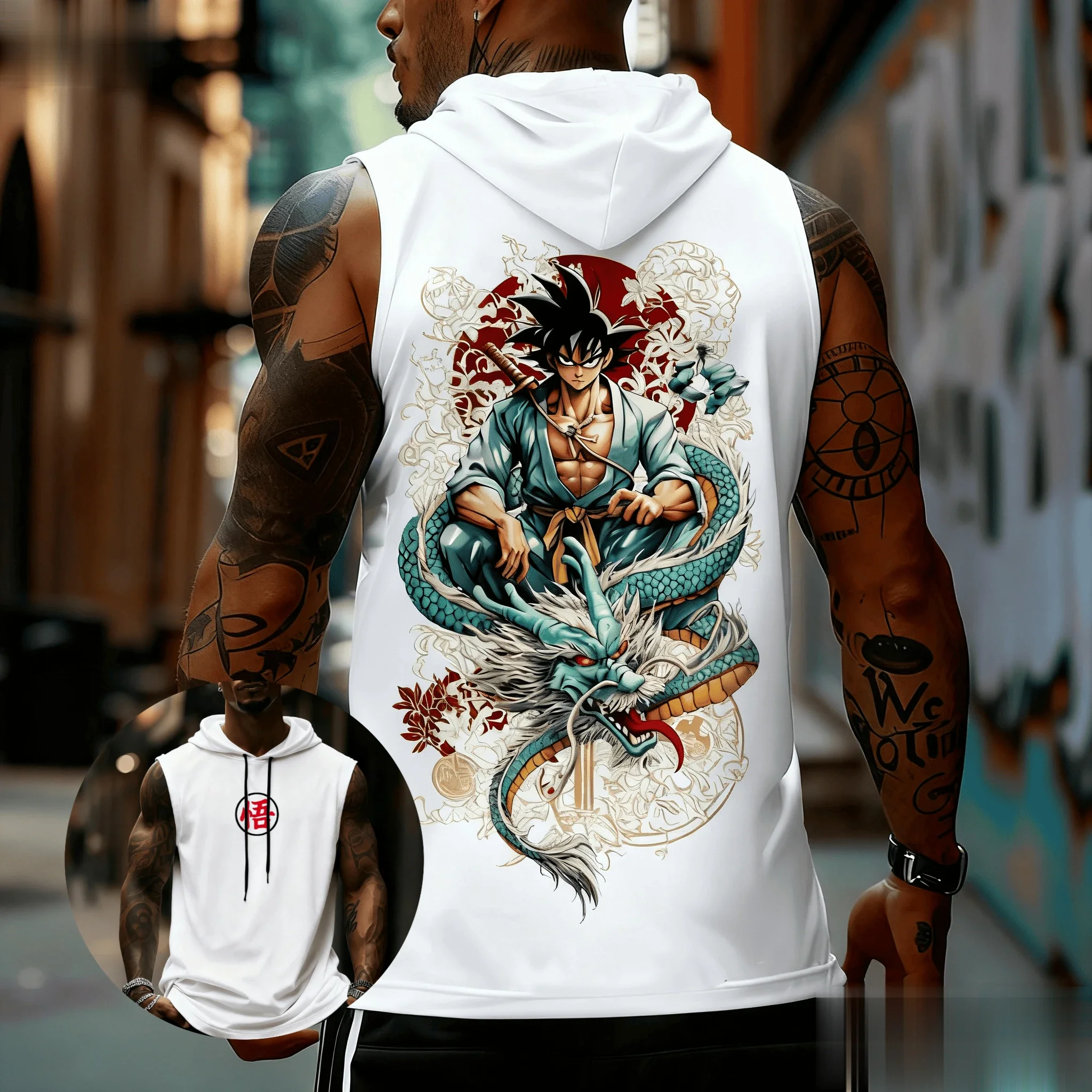Dragon Ball Goku Anime Canotta da uomo Estate senza maniche Camicia con cappuccio Streetwear Casual Muscle Graphic Tee Vest Gym Streetwear Top