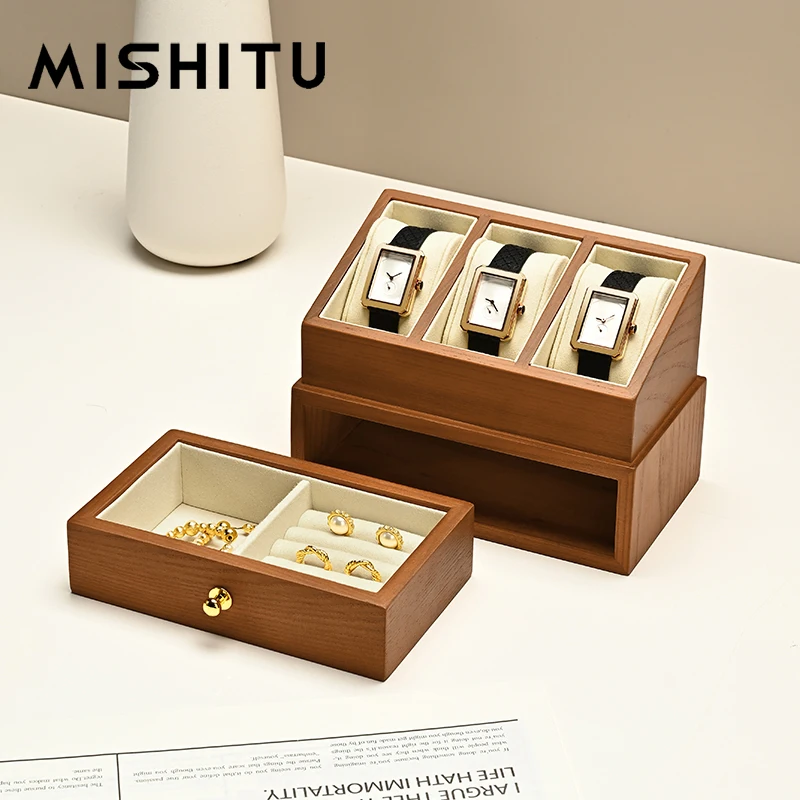 MISHITU Watch Jewelry Organizer Box Double-layer Wooden Jewelry Organizer Ring Earring Necklace Jewelry Wrist Watch Storage Box