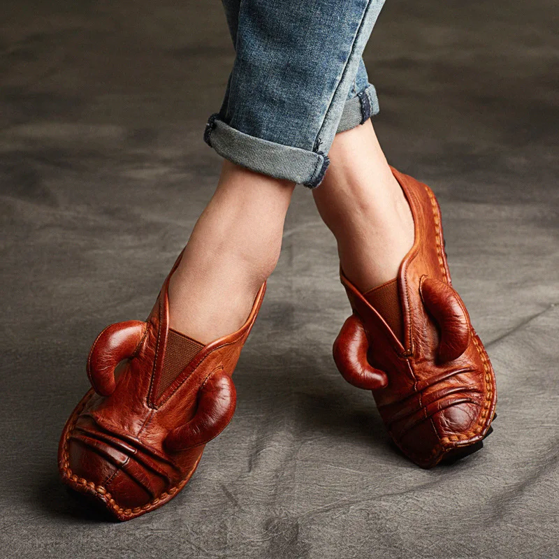 Careaymade-Genuine leather ethnic handmade cowhide women's shoes, personalized flat sole thick sole soft sole horn single shoes