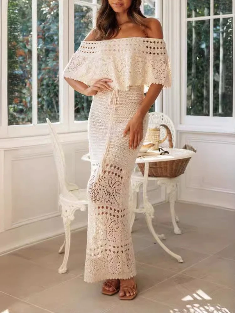 Robe Maxi taille moyenne, épaules dénudées, col Slash, couleur unie, décontractée, ligne a, cravate au dos, robe châle détachable, nouvelle collection