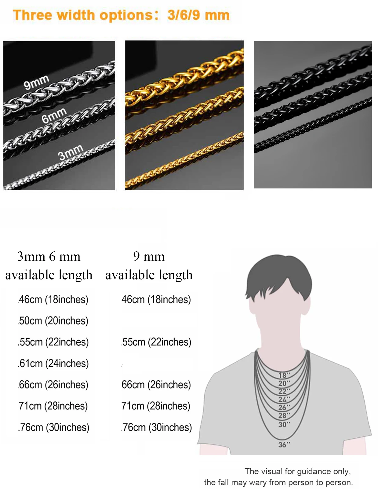 U7 Stainless Steel 3/6/9mm Wheat Twisted Rope Chain Necklaces for Men Women Multiple Length 18-30inches Stackable Daily Jewelry