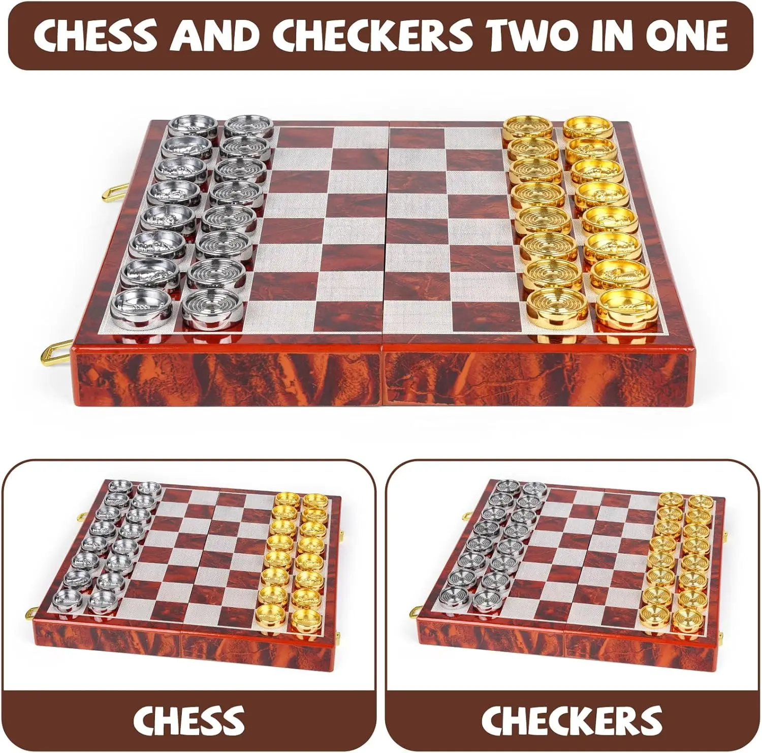 Jeu d'échecs et de dames en métal 2 en 1 – Planche en bois pliable, jeu de voyage portable pour adultes et enfants