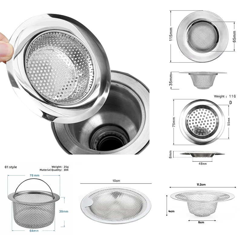 Kitchen Sink Stainless Steel Filter Sewer Mesh Strainers Bathroom Floor Drain Hair Waste Filter Washbasin Shower Sink Strainer