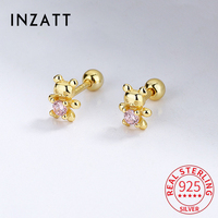 INZATT Real 925 Sterling Silver Zircon Bear Piercing Screw Ball Stud Earrings for Women Cute Animal Fine Jewelry Accessories