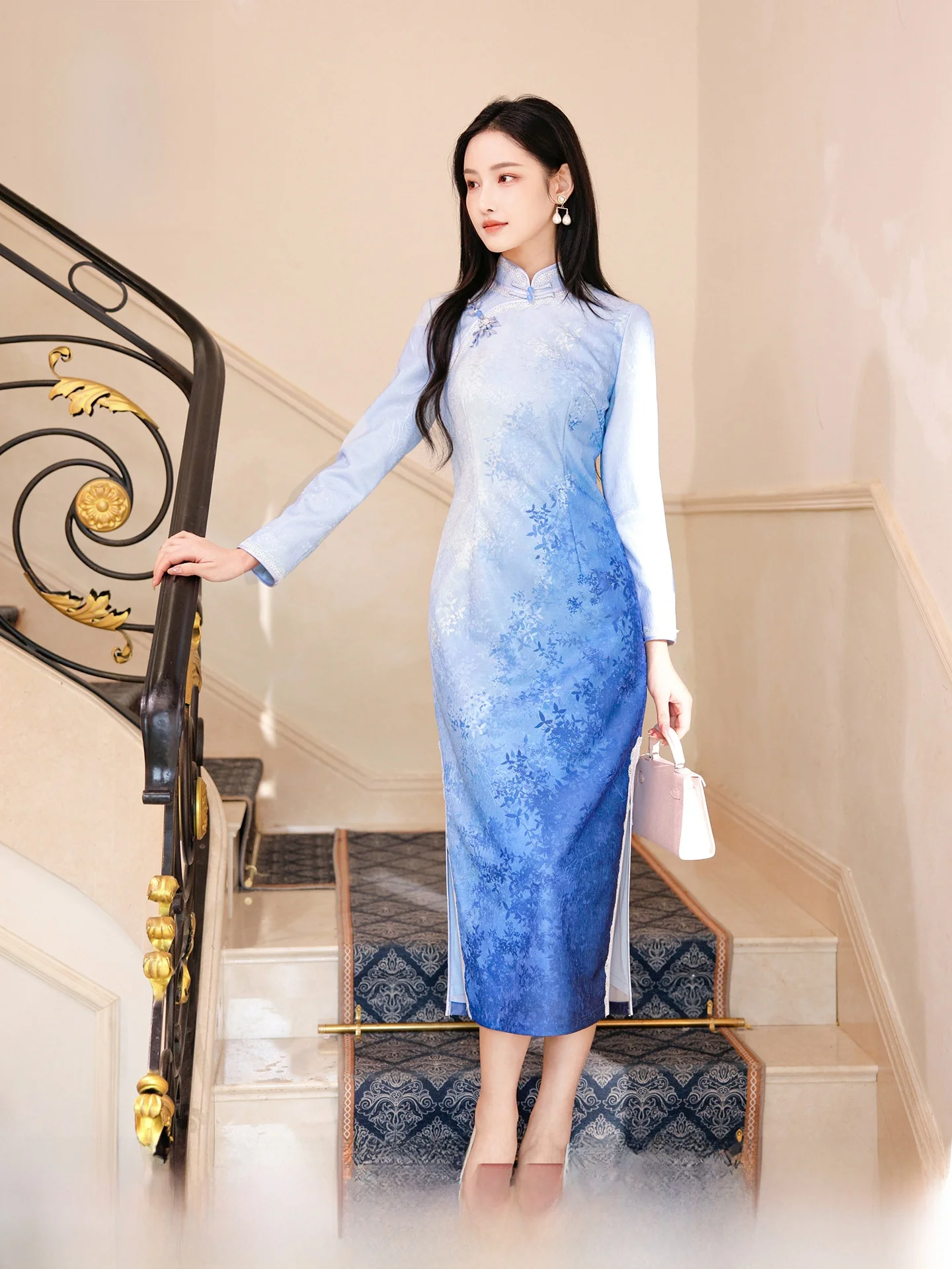 

Новинка: Вязаное женское длинное платье-ципао с цветочным узором и скрытым принтом, ручная работа, весна, тепло