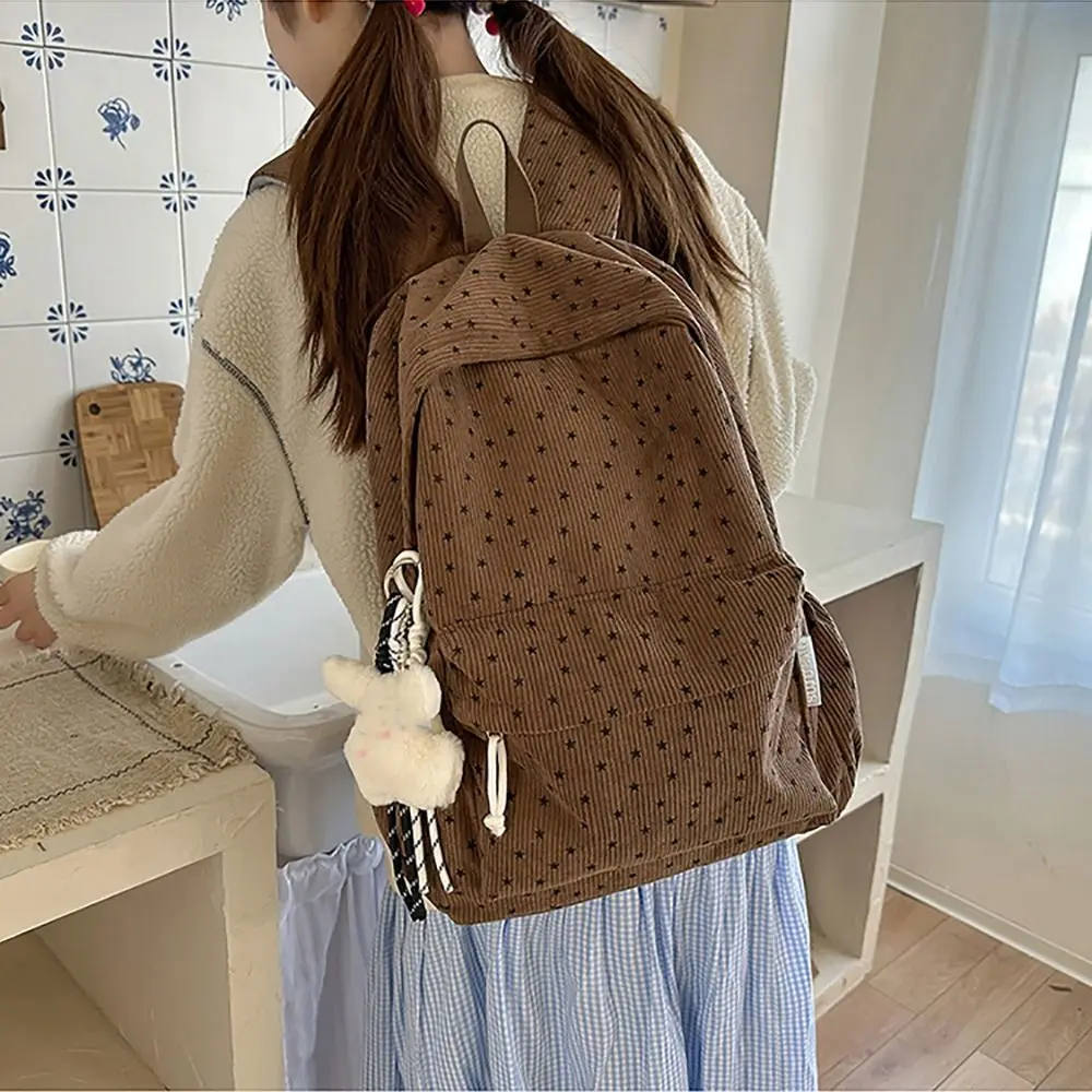 Multicolor Star Backpack Star Printed Large Capacity Lightweight School Bag Breathable Corduroy Shoulders Bag