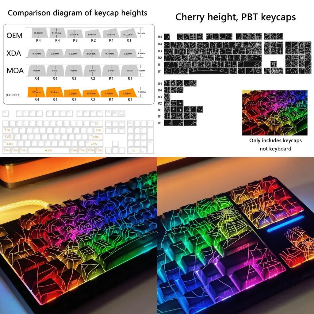 

652F 130pcs/set Ergonomic PBT Keycaps With Side Print Spiders Web Motifs KeyCap