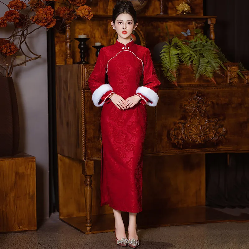 Yourqipao Winter Red Velvet-lined Thickened Long-sleeved Modified Cheongsam New Year Chinese Style Wedding Dress for Women