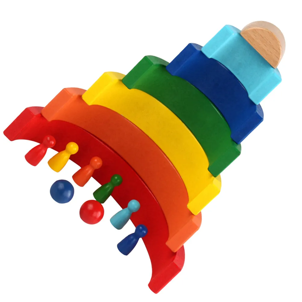 1Set Wooden Rainbow Stacking Blocks Set 7 Arcs 6 Rainbow Men 2 Balls for Kids Color Recognition Hand-Eye Coordination