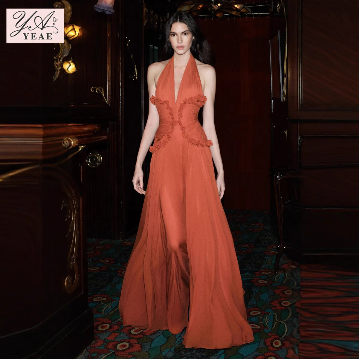 

High-end off-the-shoulder dress with deep V-neck, lace trim floor-length, sheer and openwork off-the-shoulder beach dress