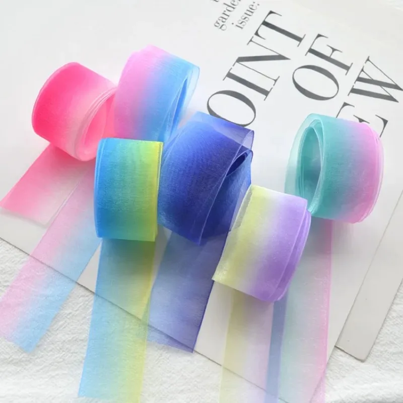 5meters 25mm Gradient Rainbow Organza Ribbon Handmade Clothing Materials Wedding Gift Wrap Supplies DIY Hair Bow Accessories