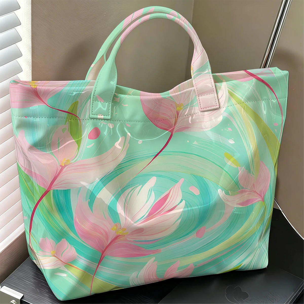 Turquoise Swirl Pink Blossoms Hot Sale Large Glossy PVC Tote Bag Hand Washable Waterproof Great for Travel Commute Handbags