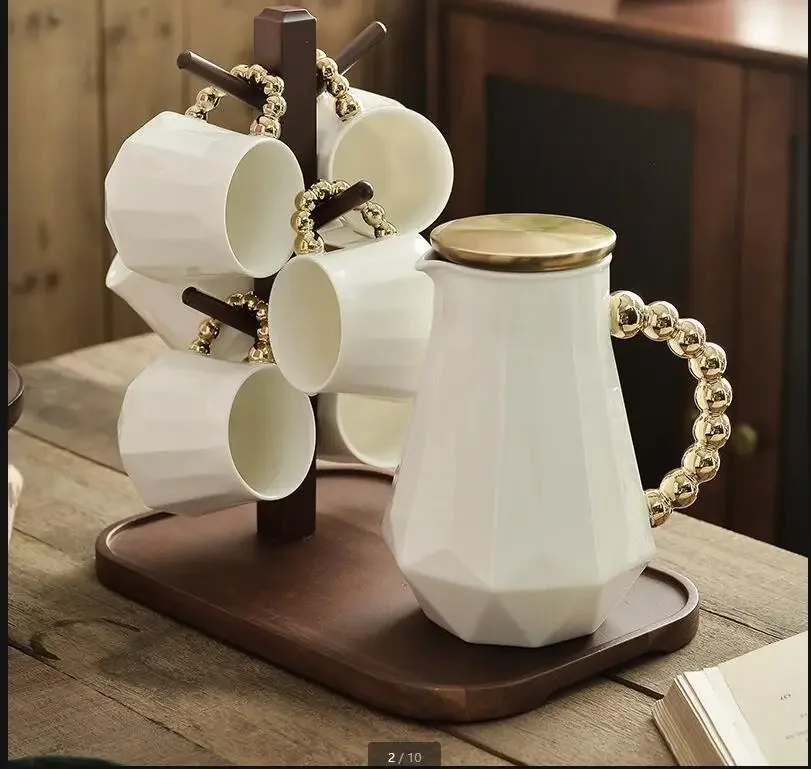 

White Ceramic Tea Set Kettle Water Cup Juice Pot Water Bottle Wooden Tea Tray Teaware Sets Tea Making Tools Afternoon Tea Set
