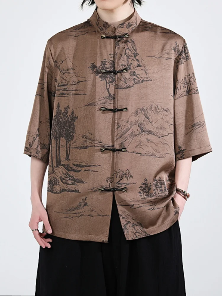 

Retro Sle Mountain Water Lacape Painting ort Sve Men's Summer Hanfu Button Design High-End Feel Stand Collar irt