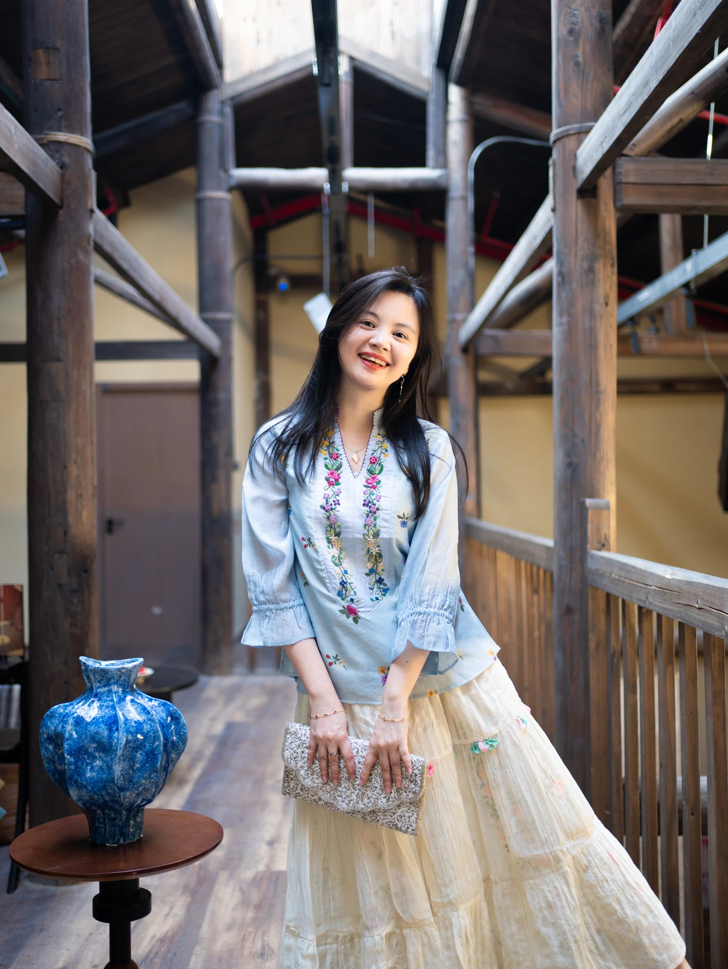 

Mysterious Miss Blueberry Night Embroidered Heavywork Shirt by Anokhi Women's Loose Fit Cotton Shirt with Flor...