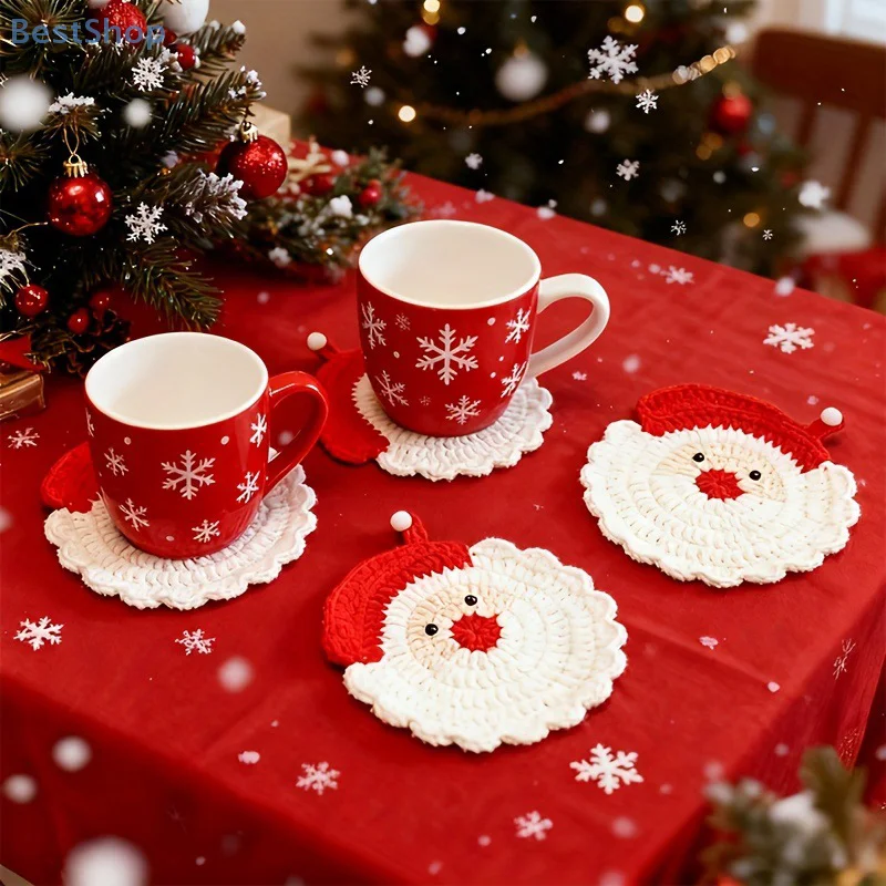 Handmade Crochet Santa Claus Coaster - Festive Red & White Christmas Decor, Drink Coaster For Holiday Table Setting