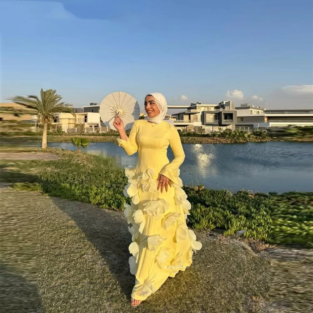 Moda romântico vestido de baile encantador sereia manga longa vestidos de noite flor applique o pescoço vestido no tapete vermelho luxo 2025