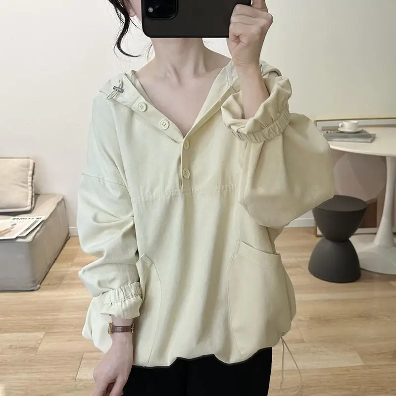Fashion Hooded Spliced Button Shirring Pockets Blouse Female Clothing 2023 Autumn Winter New Oversized Casual Tops Korean Shirt
