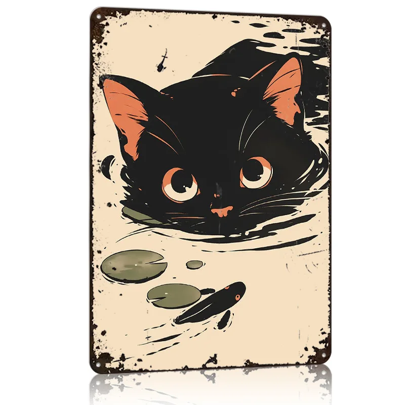 Water Lily Black Cat Metal Poster Tin Sign Wall Art Customizable Metal Signs for Home Decoration Vintage Decor Bar Accessories