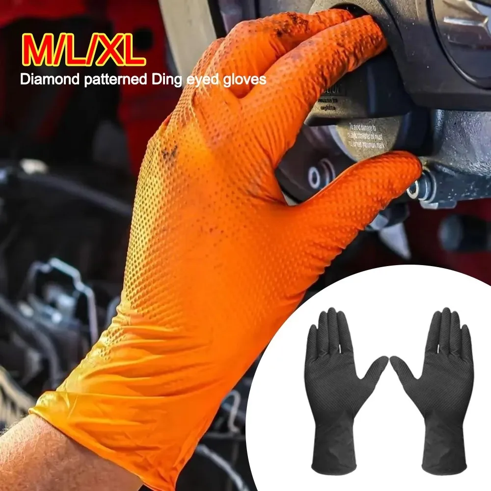 10pcs Heavy Duty Nitrile Gloves with Diamond Textured Wear-Resistant Safety Gloves Waterproof Orange Black Auto Repair Gloves