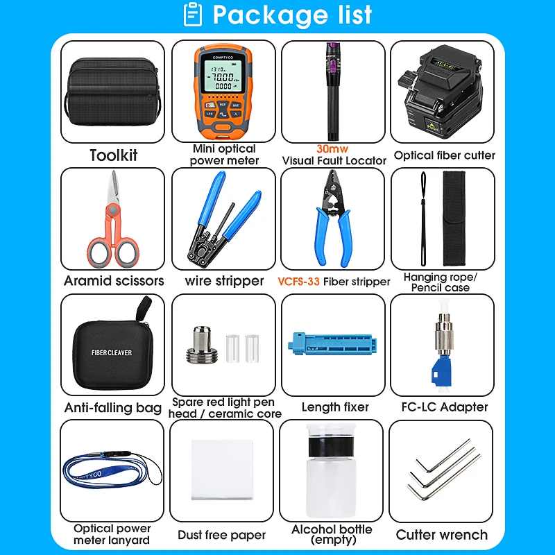 FTTH Fiber Optic Tool Kit AUA-M7 Mini Optical Power Meter/AUA-6C Fiber Cleaver/30mw Visual Fault Locator/Optical Fiber Stripper