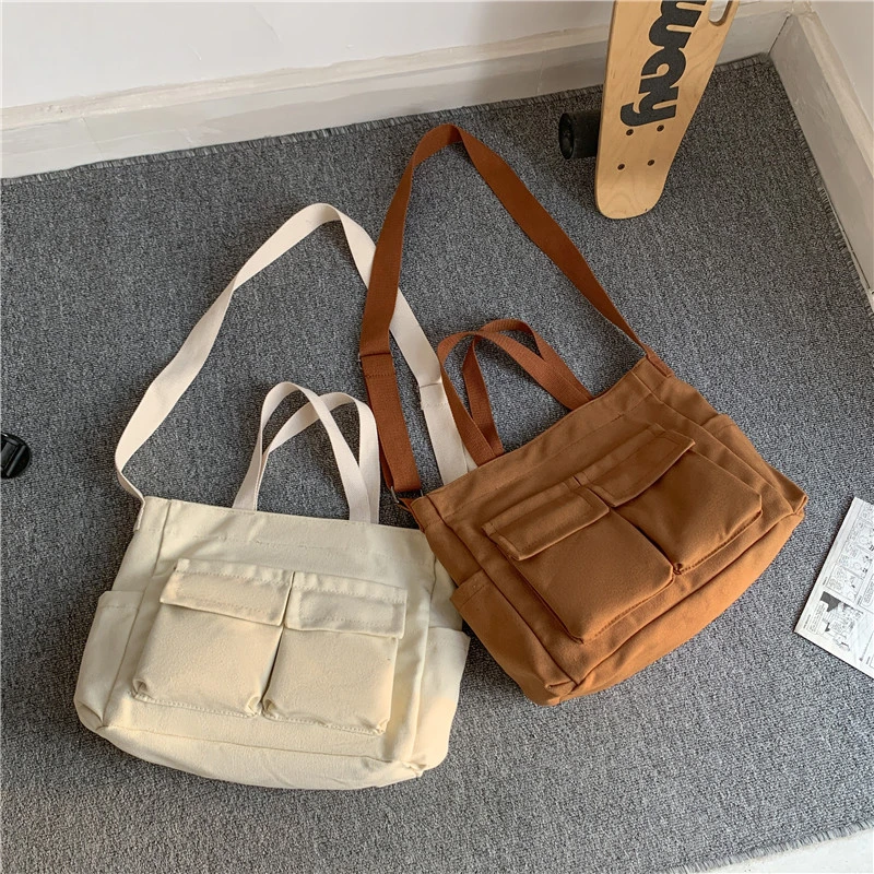 Casual Canvas School Bag For Women Versatile Large Capacity Messenger Bag Female Military Green Travel Shoulder Handbag Tote Bag