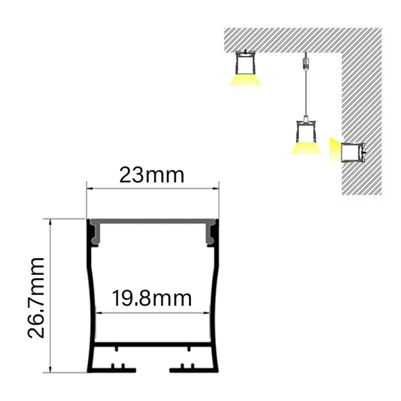 Verzonken Aluminium Led Profiel 23X26Mm Ophanging Hangende Led Kanaal Met Accessoires