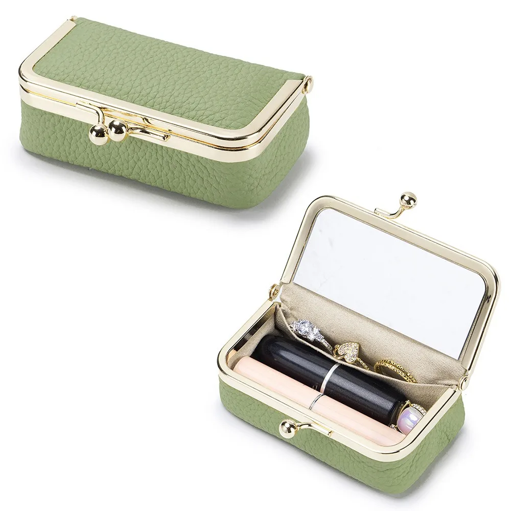 

Portable Lipstick Bag with Makeup Mirror Solid Color Leather Jewelry Bag Multifunctional Wallet Kiss Lock Coin Purse Storage