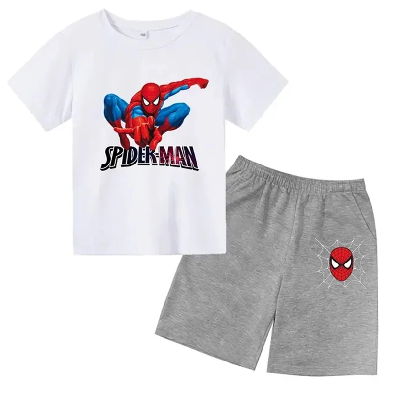 เสื้อยืดคอกลมสำหรับเด็กลายสไปเดอร์แมน + กางเกงขาสั้นชุดแขนสั้นผ้าฝ้ายลำลองสำหรับเด็กผู้ชายเด็กผู้หญิงอายุ2-12ปี