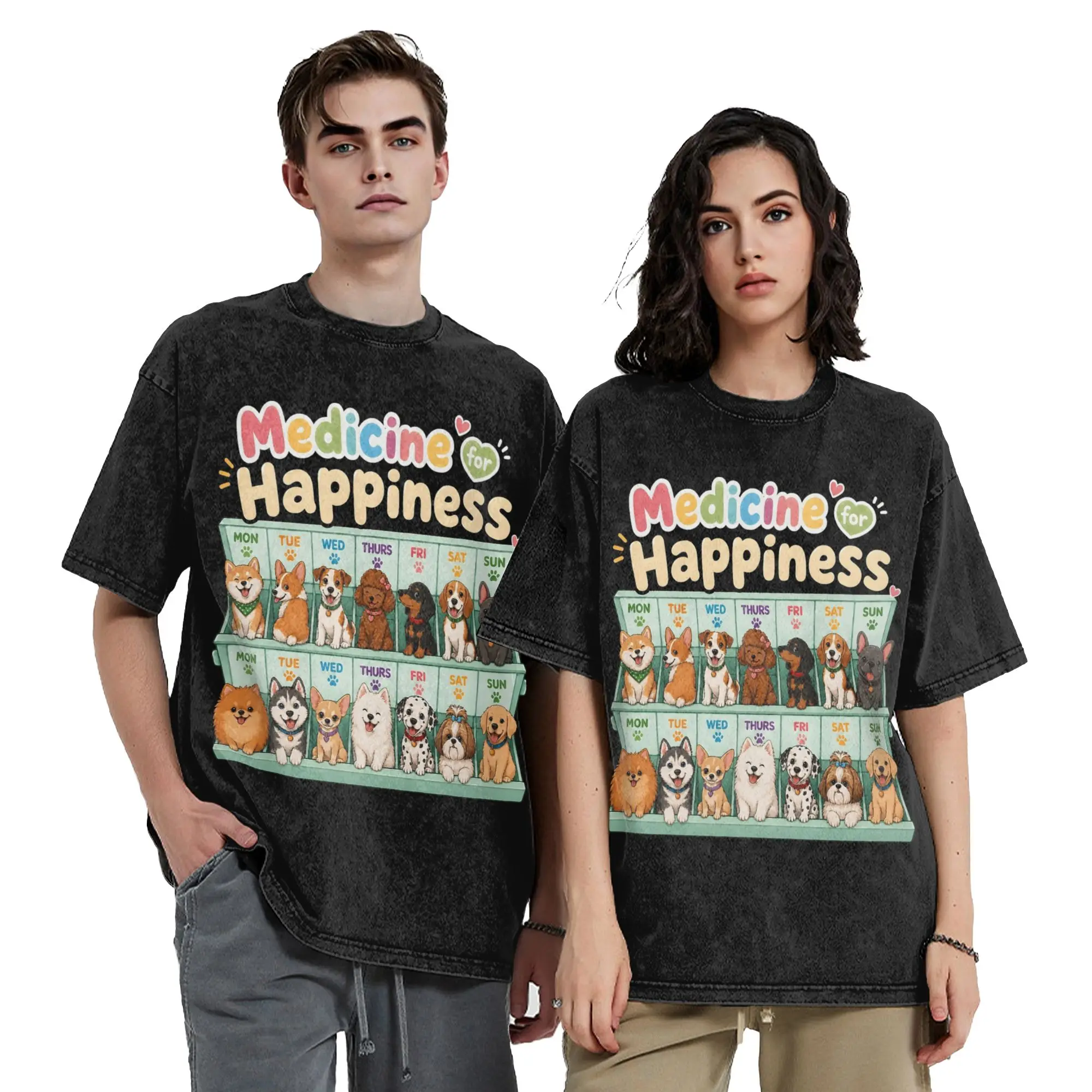 Aesthetic Cute Dogs Weekly Pill Organizer  Vintage Washed T Shirt Men Cotton Happiness Medicine Crewneck Summer Top Tee