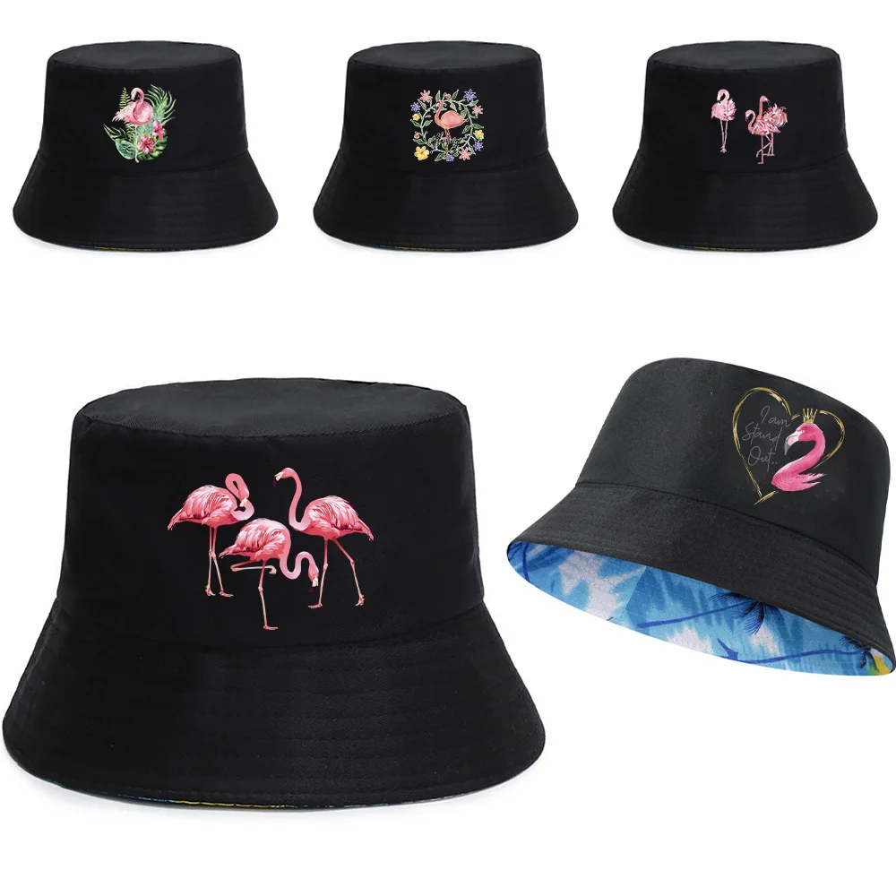 Fisherman Caps Summer UV-proof Visors Cap Flamingo Print Foldable Fishing Hats Pure Cotton Double-sided Bucket Hat for Men Women