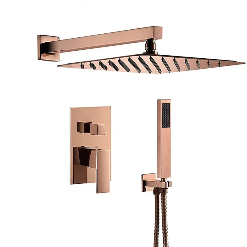 Bathroom Shower Set Rose Gold Square Rainfall Shower Faucet Wall or Ceiling Wall Mounted Shower Mixer 10