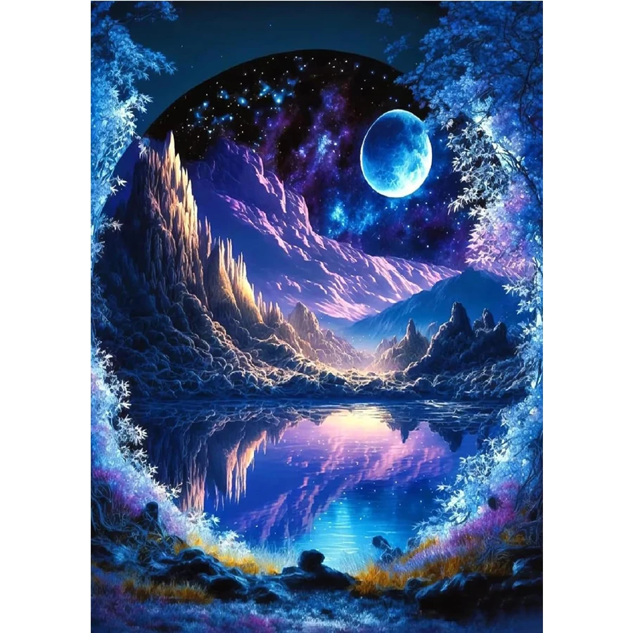 

5D комплект алмазной живописи для взрослых, подходящий для начинающих, с голубой луной, пейзажем, бриллиантами, мозаикой, полной дрелью, природным пейзажным декором